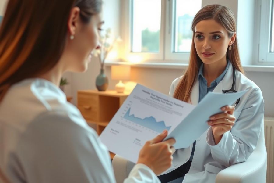 A female doctor in a white coat discusses a chart with a patient in a bright, modern office setting. Focus on healthcare consultation and medical discussion.