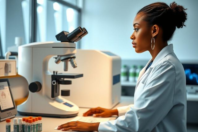 Scientist working in a laboratory, operating a microscope. Focus on research, medical science, and biotechnology. White coat, lab equipment, and a professional setting. 