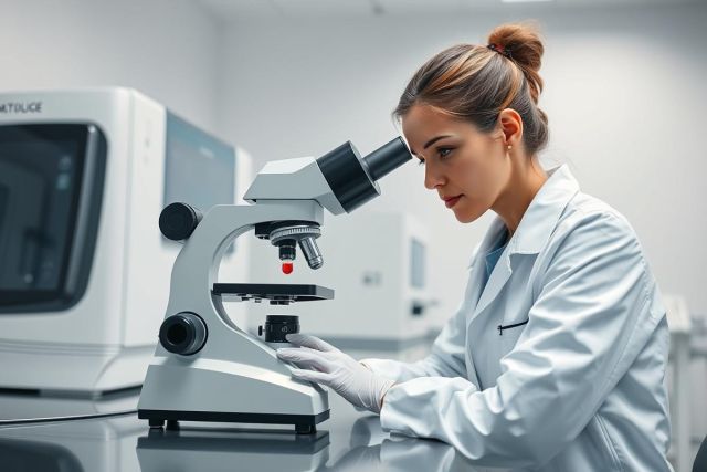 Female scientist in a lab coat using a microscope. The image showcases a modern laboratory setting with medical equipment, focusing on scientific research and analysis. Predominantly white and gray tones create a clean, professional atmosphere. Keywords: scientist, microscope, lab, research, medical, biology.