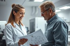 Doctor and patient discussing medical results in a bright, modern clinic. The woman, wearing a white coat, shows a chart to an older man. Healthcare, consultation, and medical examination themes are present. White, gray, and blue tones dominate the image.