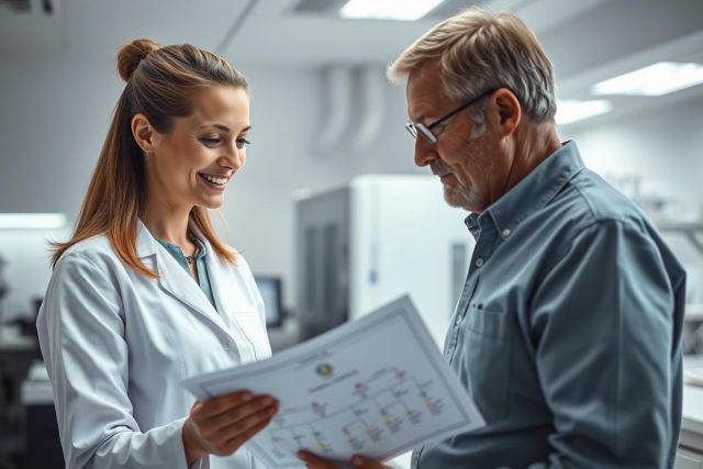 Doctor and patient discussing medical results in a bright, modern clinic. The woman, wearing a white coat, shows a chart to an older man. Healthcare, consultation, and medical examination themes are present. White, gray, and blue tones dominate the image.