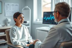 Doctor consults with a patient in a bright, modern medical office. The image shows a healthcare professional interacting with a young woman, likely discussing health concerns. The setting includes a computer displaying medical data and a window providing natural light. Keywords: doctor, patient, healthcare, medical consultation, office, wellness.