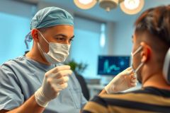 Doctor examines a patient in a clinical setting. Wearing a surgical mask and gloves, the healthcare professional uses an otoscope to check the patient's ear. The scene takes place in a brightly lit examination room with medical equipment visible in the background.