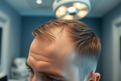 Close-up of a man's forehead under a bright medical lamp. The image features a receding hairline and a clean, modern blue and white clinical environment, suggesting a hair loss treatment or cosmetic procedure setting.