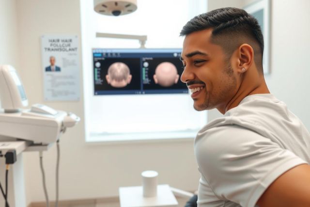 Man in a dental office, possibly undergoing treatment. The scene features a bright, modern setting with medical equipment visible. Focus is on the patient's face.