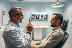 Dentist examining a patient's teeth in a modern dental clinic. The doctor, wearing a mask and glasses, uses a magnifying glass. A screen displays before-and-after smile transformations. Blue walls and bright lighting create a clean, professional environment. Dental consultation, cosmetic dentistry.