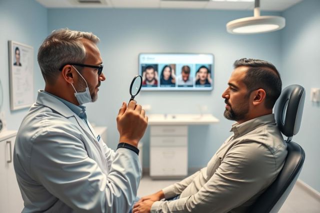 Dentist examining a patient's teeth in a modern dental clinic. The doctor, wearing a mask and glasses, uses a magnifying glass. A screen displays before-and-after smile transformations. Blue walls and bright lighting create a clean, professional environment. Dental consultation, cosmetic dentistry.