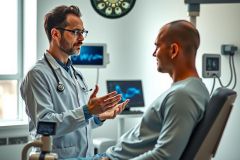 Doctor examines patient in clinic. Medical professional wearing lab coat discusses health concerns with a man seated in an examination room. Focus on patient care and healthcare setting.