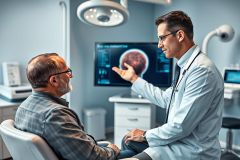Doctor discussing medical imaging with a patient in a modern clinic. The scene features a man with a beard and glasses seated opposite a physician pointing at a brain scan on a screen. Blue and white tones dominate the clinical setting, portraying a healthcare consultation.