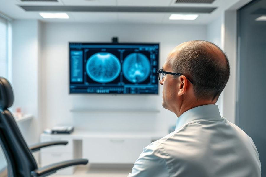 Doctor examining a brain MRI scan on a monitor in a modern medical office. The image features blue and white tones, highlighting diagnostic imaging and healthcare technology. Focus on neurological health and medical analysis.