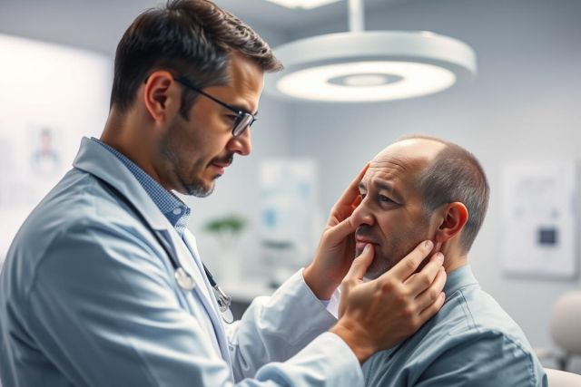 Doctor examining patient's throat in a clinical setting. The image features a male doctor in a blue coat and glasses examining a male patient. A bright, modern medical lamp illuminates the scene. Focus is on healthcare, diagnosis, and patient care. Cool, neutral tones dominate the color palette.