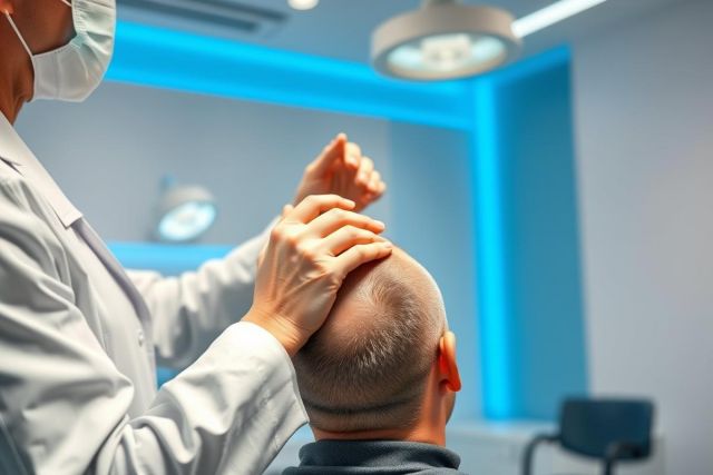 Hair transplant consultation. A doctor in a white coat examines a patient's head, likely planning hair restoration procedures. Blue lighting illuminates a modern clinic setting. Focus on scalp and medical examination.