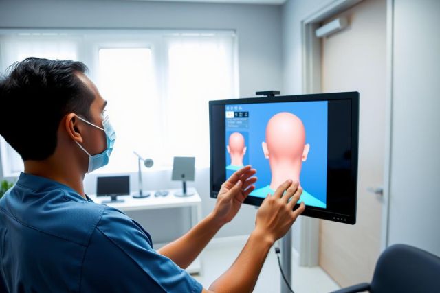 Doctor examining medical scan on a screen, wearing a mask. Focused on diagnostic imaging in a healthcare setting. Blue shirt, bright room, medical technology.