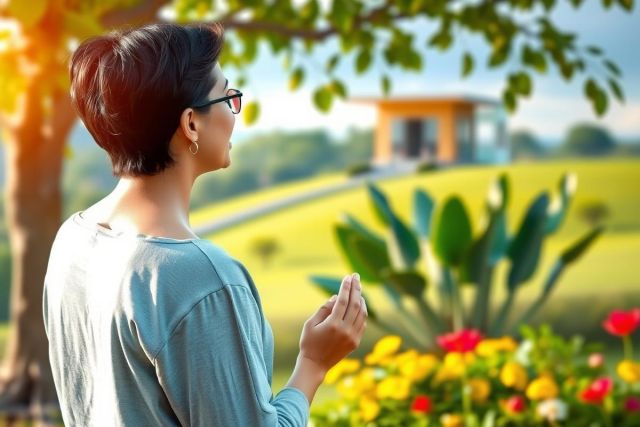 A woman in a blue top stands with her hands together, facing away from the camera. She is surrounded by vibrant flowers and lush greenery on what appears to be an idyllic sunny day.