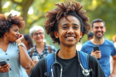 A young boy with dreadlocks is smiling as he walks along a park path. He has a backpack on and appears to be enjoying his time outdoors. There are other people in the background, suggesting a lively community atmosphere.
