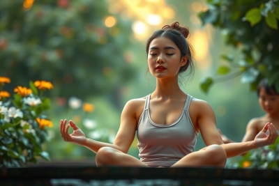The image depicts a woman in a meditative pose in a serene, natural setting. She is seated on the ground with her legs crossed and hands resting gently on her knees. Her body language suggests she is deeply engrossed in her meditation practice.