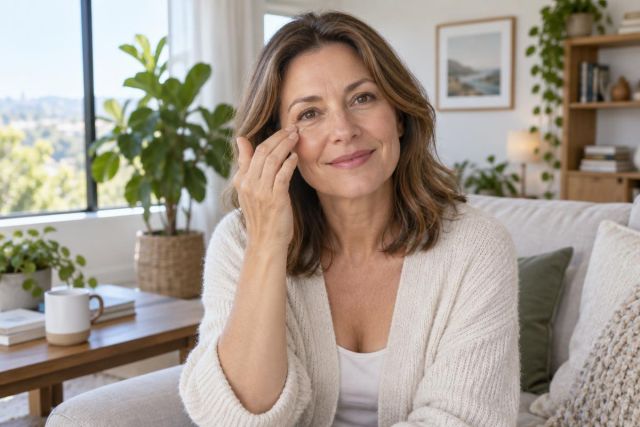 Middle-aged woman at home gently touching her eye, relaxed during post-LASIK recovery.