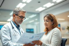Doctor and patient reviewing medical chart in a modern healthcare setting. The image features a male doctor in a white coat discussing results with a female patient, showcasing a consultation and focus on health and wellness. Bright, clean environment with blue and white tones.