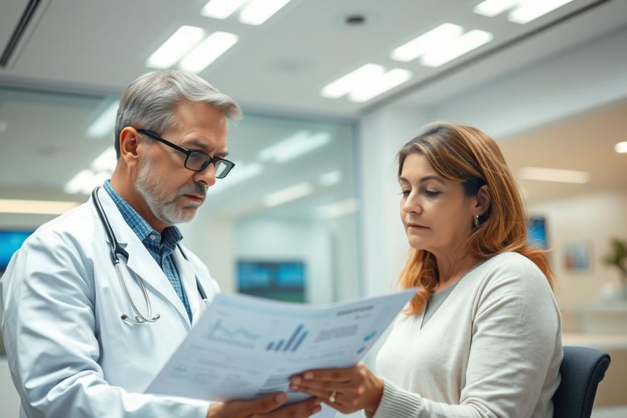 Doctor and patient reviewing medical chart in a modern healthcare setting. The image features a male doctor in a white coat discussing results with a female patient, showcasing a consultation and focus on health and wellness. Bright, clean environment with blue and white tones.