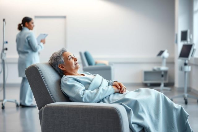 Patient relaxing in a medical treatment chair within a bright, modern hospital setting. A healthcare professional stands nearby reviewing a tablet. Predominantly blue and gray tones create a calming atmosphere, showcasing healthcare and patient care. 