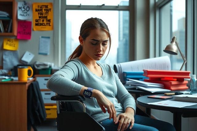 The picture shows a woman sitting at an office desk. The woman, who appears to be deep in thought, is looking down. Her outfit suggests a cozy, comfortable working environment. The office has a modern look with papers, books and various items scattered around, including what looks like a coffee cup on the desk.
