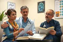 In the image, a group of three adults are seated in what appears to be an office setting. A male doctor is holding some papers and appears to be chatting with a female patient.