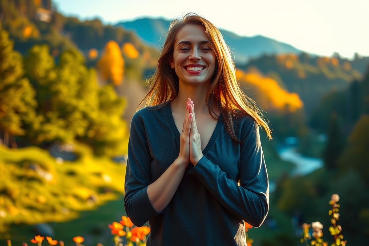 Woman sitting peacefully in the mountains, surrounded by nature. She is dressed in a gray top and has her hands clasped together in a serene pose.