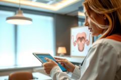A doctor in a white coat examines a tablet displaying a medical diagram, likely related to anatomy or physiology. The setting appears to be a modern medical office or hospital room with natural light.