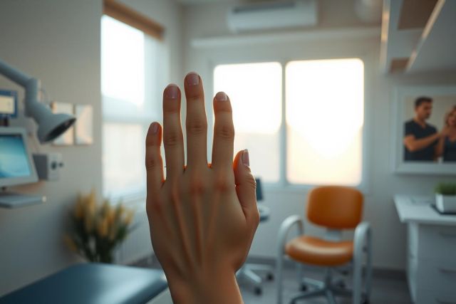 Close-up of a hand in a modern dental clinic setting. Focus on the hand, with blurred background showing dental chair and equipment. Clean, bright environment with natural light.