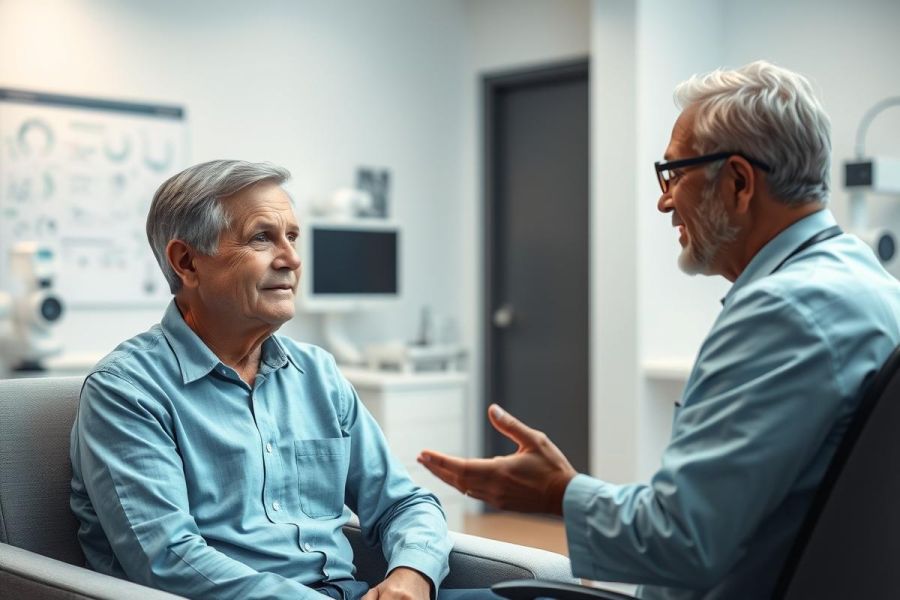 Two mature men in a modern doctor's office having a consultation. One man, wearing glasses, appears to be a healthcare professional discussing with a patient. The scene features a light blue color palette and an eye chart visible in the background, suggesting an optometry or medical examination setting.