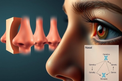 The image depicts a person's face close-up on the left side, with a focus on the nose area. On the right side of the image is a graphical representation of what appears to be an electronic interface displaying various scientific and genetic data related to the concept of a 'nose map.' The background suggests a modern laboratory setting, and the overall color palette includes shades of blue, green, and brown.