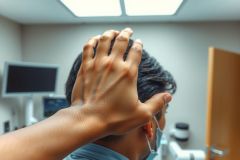 Medical professional wearing a mask, with hands raised, in a clinical setting. Background features a computer and door, suggesting a healthcare environment.