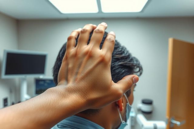 Medical professional wearing a mask, with hands raised, in a clinical setting. Background features a computer and door, suggesting a healthcare environment.