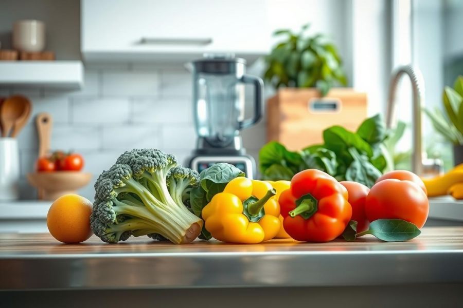 Fresh vegetables including broccoli, bell peppers, and tomatoes on a kitchen counter. Bright, natural light highlights the vibrant colors of the produce, creating a healthy food prep scene.