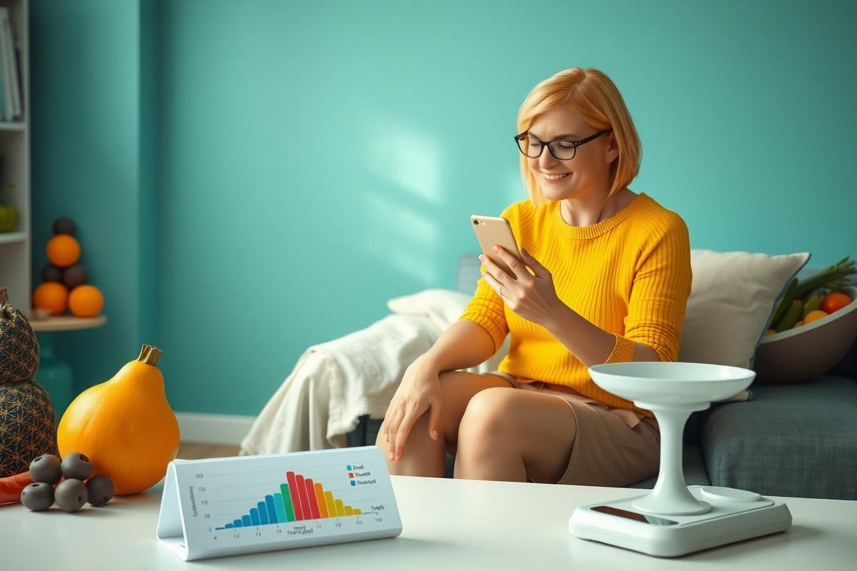 The image shows a woman in a modern, brightly lit room. She is seated on a couch with her legs crossed and appears to be interacting with an electronic device. In front of the couch there is a table with various items. The woman is wearing a yellow top and glasses. On the table, there are also books, suggesting a relaxed and possibly homey environment.