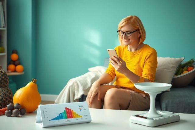 The image shows a woman in a modern, brightly lit room. She is seated on a couch with her legs crossed and appears to be interacting with an electronic device. In front of the couch there is a table with various items. The woman is wearing a yellow top and glasses. On the table, there are also books, suggesting a relaxed and possibly homey environment.