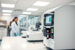 Laboratory setting with automated medical equipment and scientists. Focus on white cabinets, medical devices, and a clean, sterile environment. Science, healthcare, and research imagery.