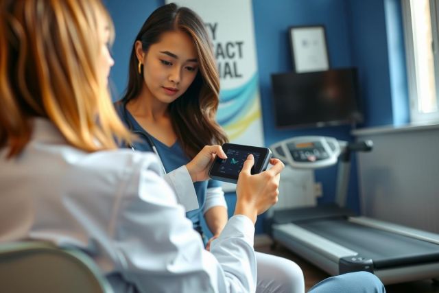 A female healthcare professional in scrubs reviews data on a tablet in a modern medical or fitness center. The setting includes exercise equipment and blue walls.