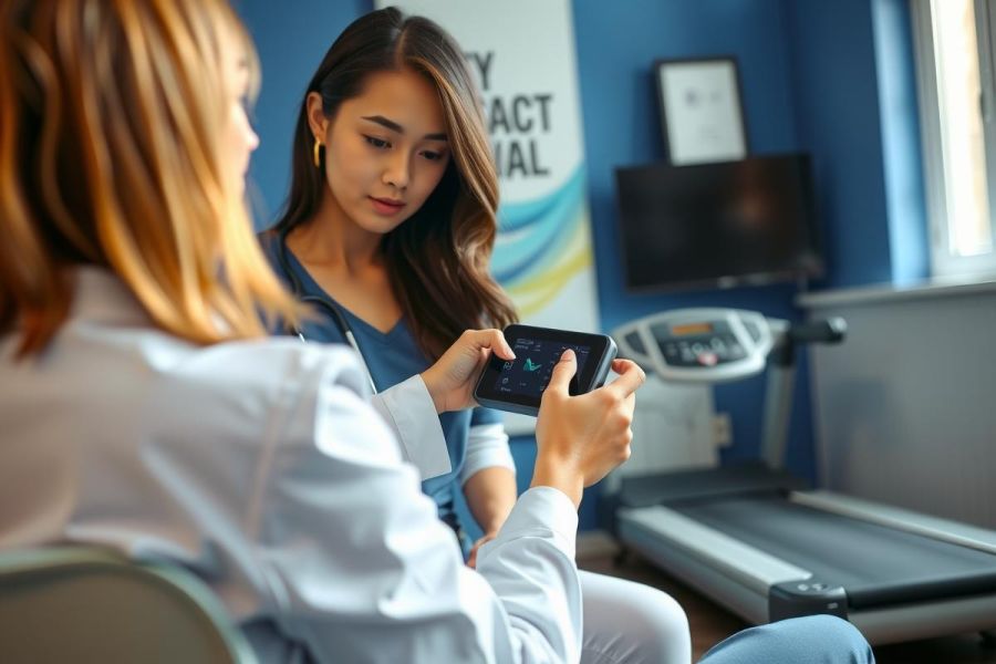 A female healthcare professional in scrubs reviews data on a tablet in a modern medical or fitness center. The setting includes exercise equipment and blue walls.