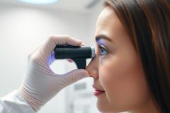 Close-up of an eye exam. A healthcare professional wearing gloves uses a handheld ophthalmoscope to examine a woman's eye in a clinical setting. Focus on eye health, vision check, and medical examination. Warm lighting, neutral tones, brown hair.