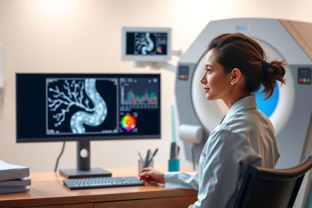 Medical professional reviewing MRI scan results at a workstation in a radiology setting. Focus on diagnostics and healthcare technology.