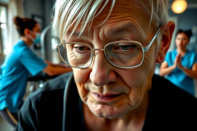 The image shows an elderly woman with white hair, wearing glasses and a black top. She is seated on a medical examination chair in what appears to be a healthcare facility, possibly a dental or optometric office. In the background, there are other individuals who seem to be healthcare professionals engaged in their work. The environment suggests a clinical setting with medical equipment.