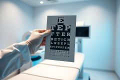 Eye exam chart held by a gloved hand in a modern medical clinic. Shows vision test letters on a gray card, with a white examination table and blurred medical equipment in the background. Healthcare, ophthalmology, and vision care concept.