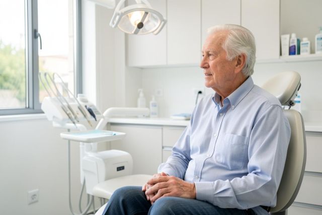 Elderly man sitting in a dental examination chair, calmly awaiting consultation in a clinic.