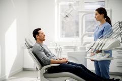 Man reclines in a dental chair talking with a dental professional in a bright, clinical exam room.