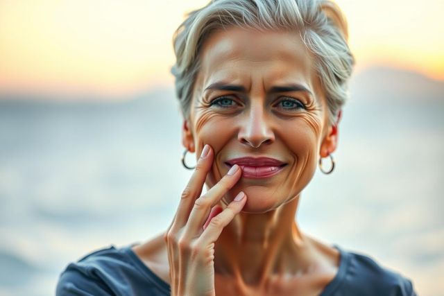 A woman with white hair and piercing blue eyes. She is wearing a dark-colored top and has her hand near her mouth, possibly in thought or speaking. The background shows a clear sky over water, suggesting the photo may have been taken during sunset.