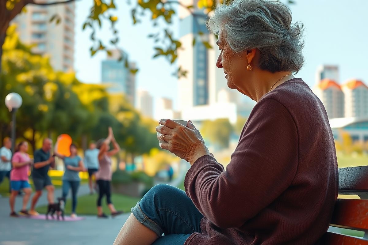 The image depicts an older woman seated on a bench, engaged in conversation with another person. She is wearing a maroon cardigan. The setting appears to be a public park or recreational area, as there are other individuals visible in the background who are also sitting on a park bench.