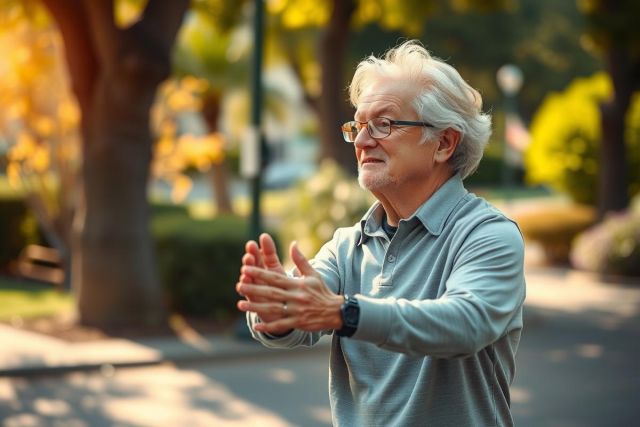 An older man is seen walking outdoors in the sun, with his hands clasped together. He appears to be in a casual setting, possibly a park or a public space, during the daytime. The colors are bright and warm, suggesting a clear, sunny environment.