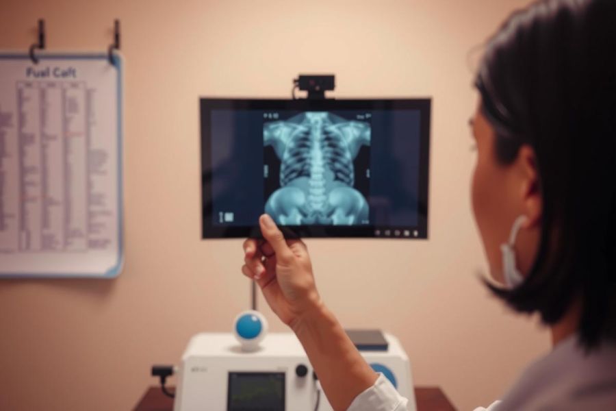 Medical professional examining an X-ray of a spine on a screen. Healthcare setting, diagnostic imaging, radiology, and medical examination visible.