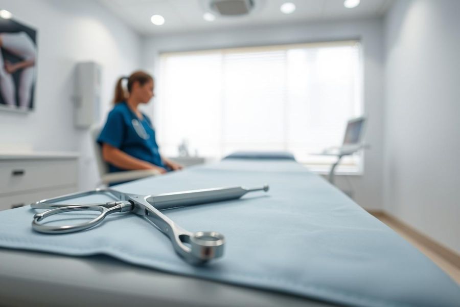Medical examination room with surgical instruments on a blue exam table. A nurse in scrubs is blurred in the background. Clean, bright interior with a focus on healthcare and medical procedures. Blue and white color scheme, showcasing a clinical environment.